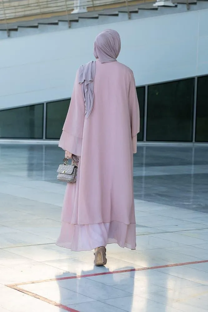 Canddy layered chiffon abaya in blush pink with  belt