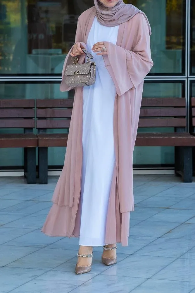 Canddy layered chiffon abaya in blush pink with  belt