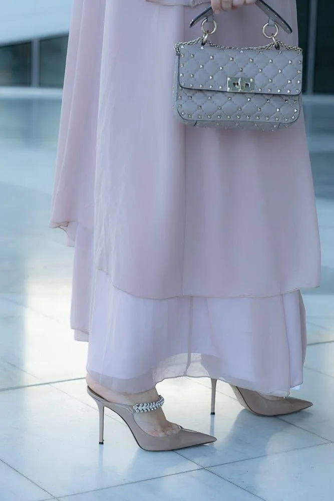 Canddy layered chiffon abaya in blush pink with  belt