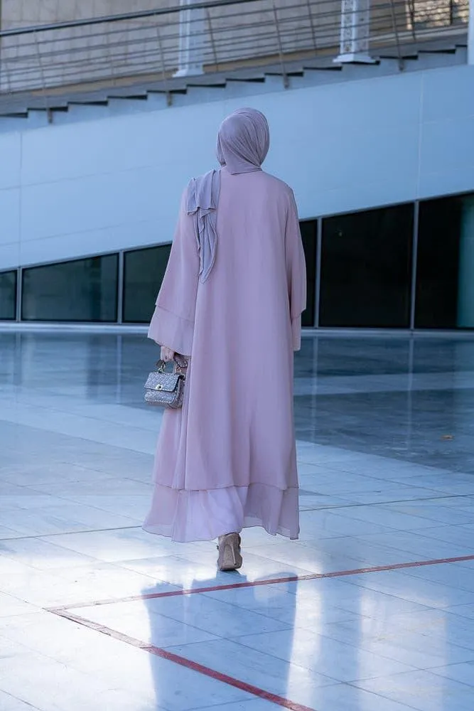 Canddy layered chiffon abaya in blush pink with  belt