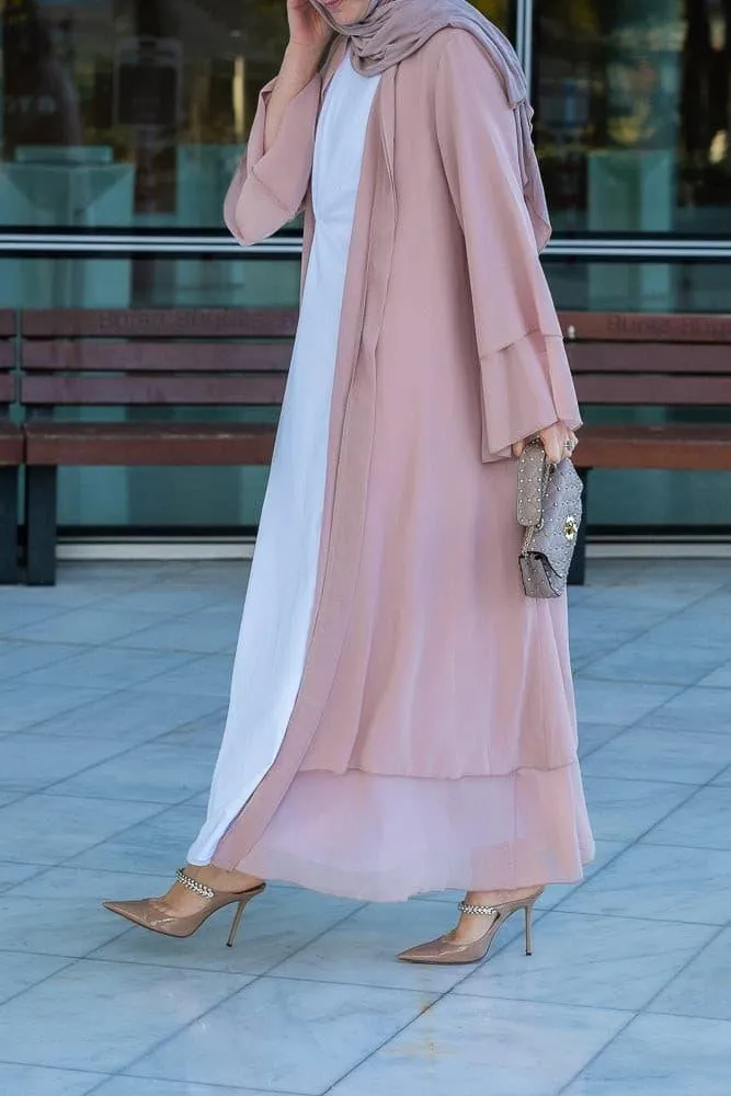 Canddy layered chiffon abaya in blush pink with  belt