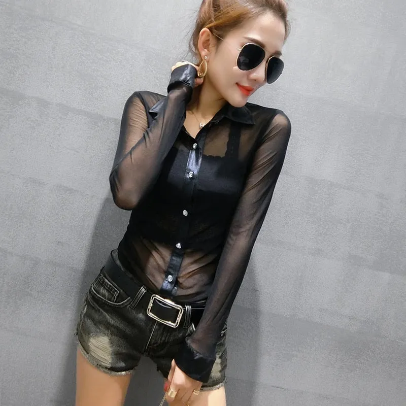 Cardigan Long Sleeve Slim Mesh Transparent Blouse