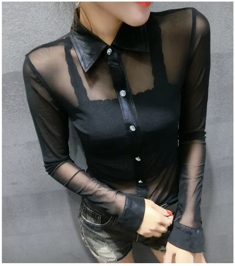Cardigan Long Sleeve Slim Mesh Transparent Blouse