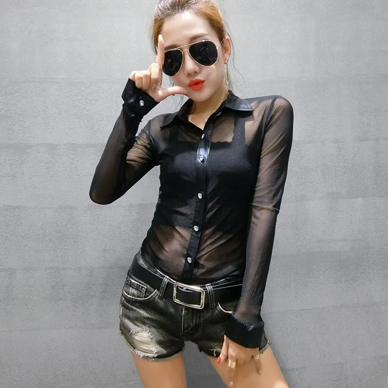 Cardigan Long Sleeve Slim Mesh Transparent Blouse