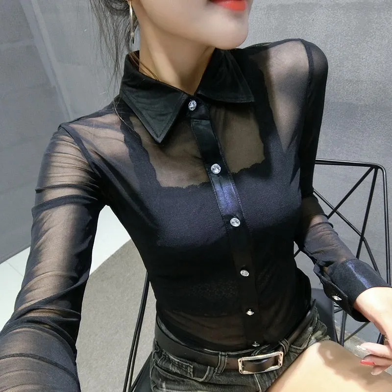 Cardigan Long Sleeve Slim Mesh Transparent Blouse