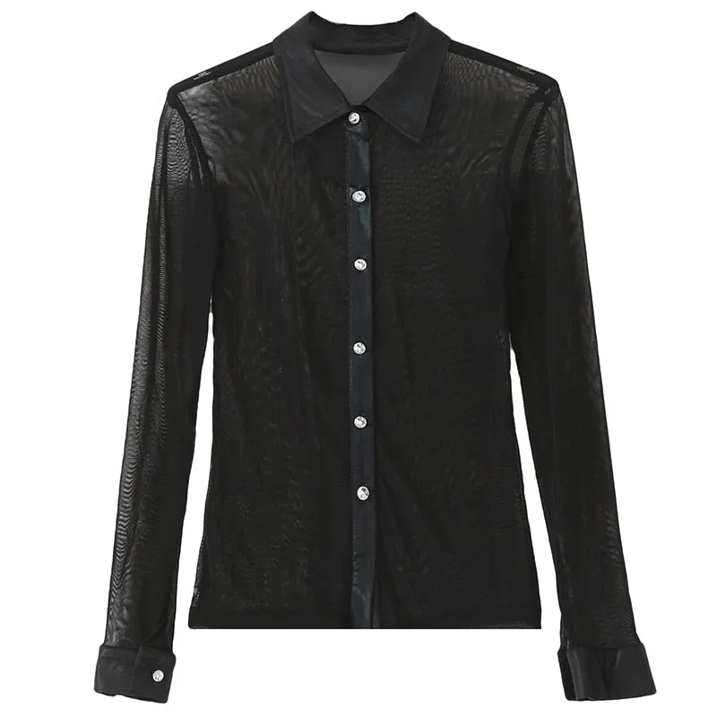 Cardigan Long Sleeve Slim Mesh Transparent Blouse