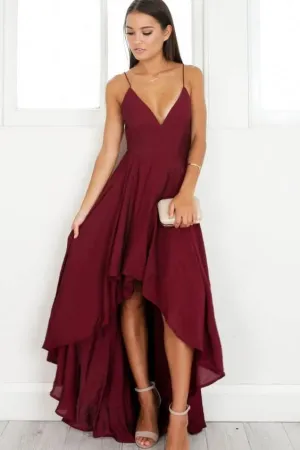 Chiffon Burgundy Hi-lo Bridesmaid Dresses with Deep V-neckline