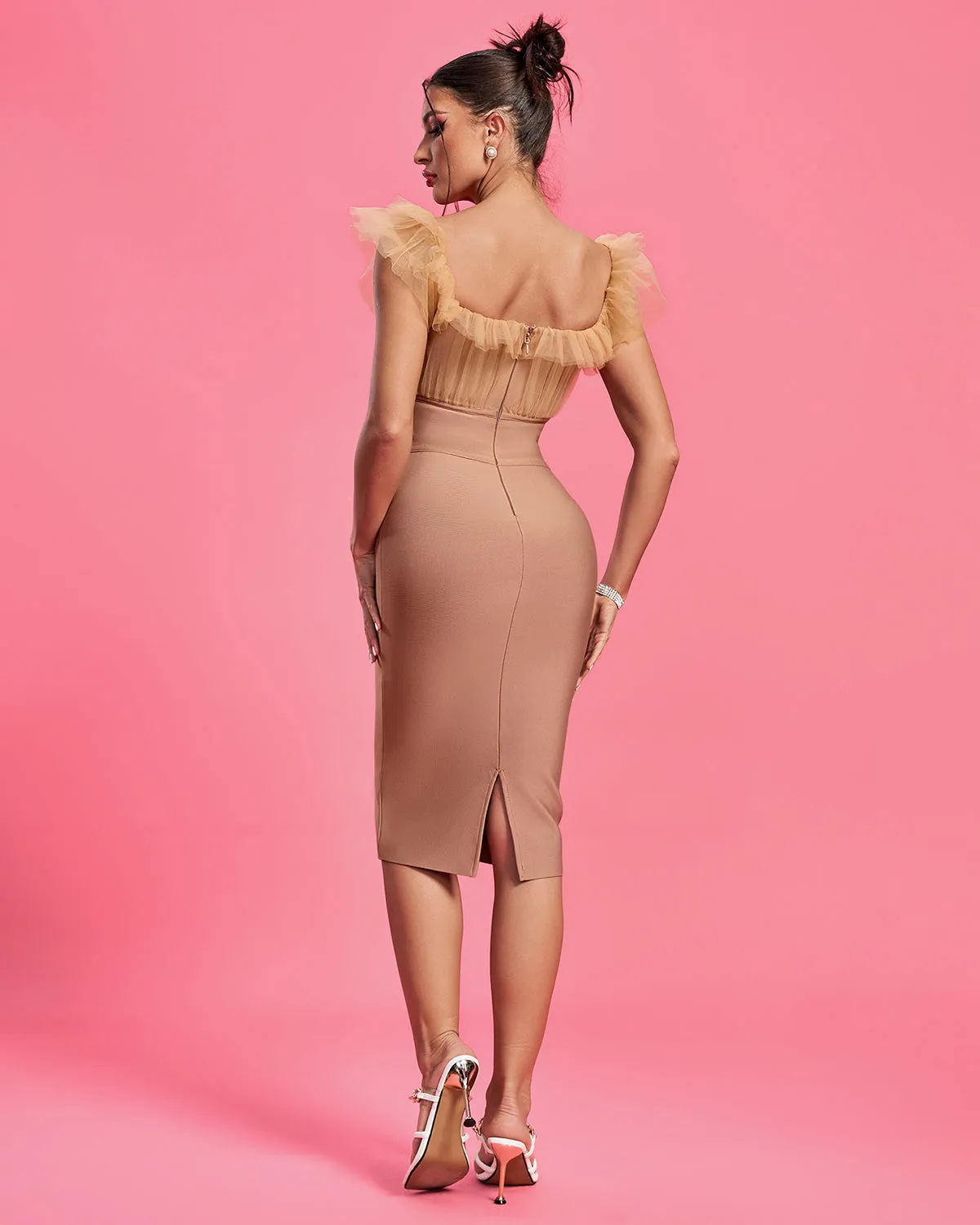 Chiffon Ruched Neck Midi Bandage Dress