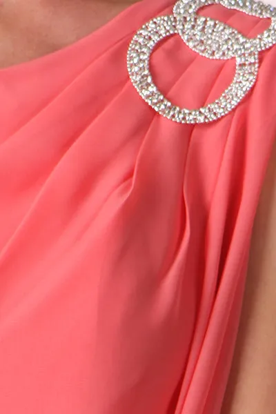 CLEARANCE - Eureka 1902 Layered One Shoulder Short Chiffon Coral Dress (Size M)