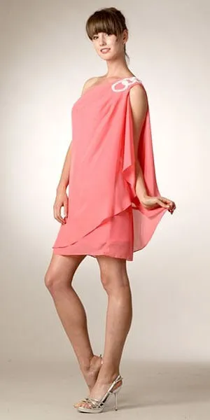 CLEARANCE - Eureka 1902 Layered One Shoulder Short Chiffon Coral Dress (Size M)