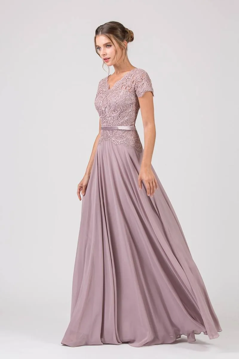 CLEARANCE - Eureka 5909 Lace Bodice A-Line Long Dress Short Sleeves (Size 3XL)