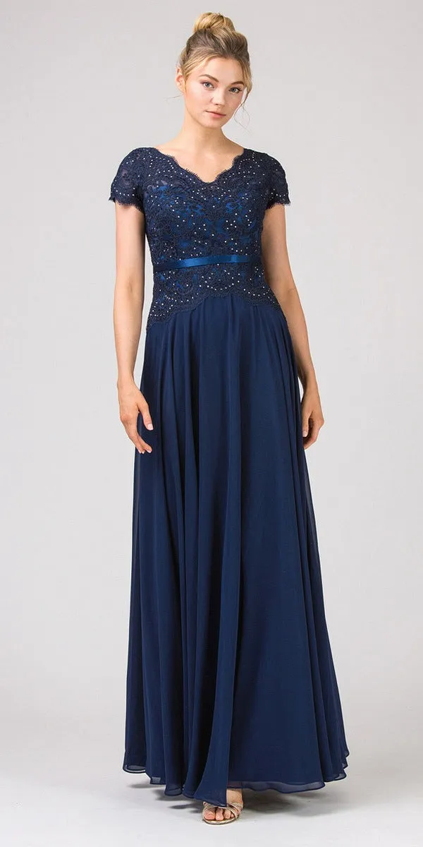 CLEARANCE - Eureka 5909 Lace Bodice A-Line Long Dress Short Sleeves (Size 3XL)