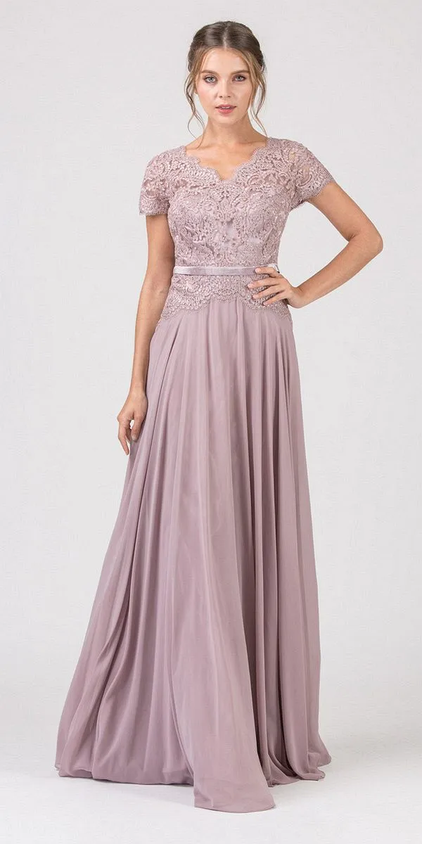 CLEARANCE - Eureka 5909 Lace Bodice A-Line Long Dress Short Sleeves (Size 3XL)