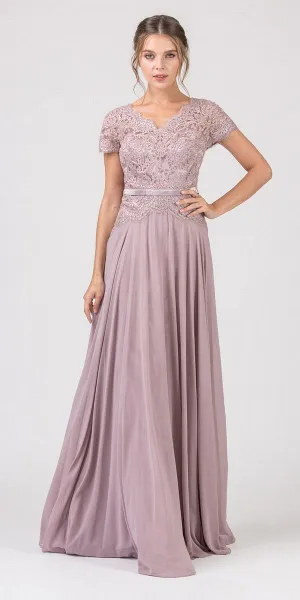 CLEARANCE - Eureka 5909 Lace Bodice A-Line Long Dress Short Sleeves (Size 3XL)