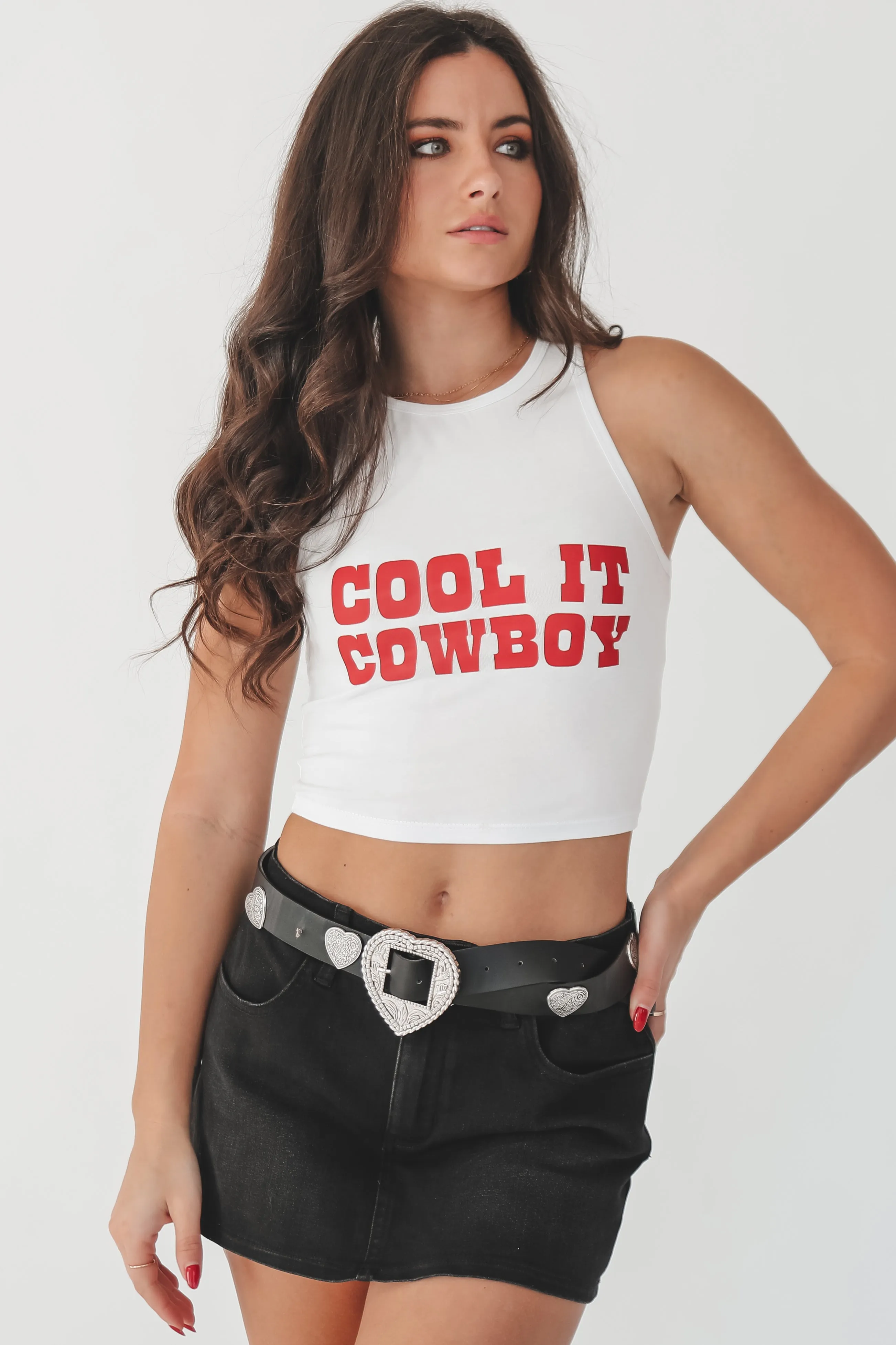 Cool It Cowboy High Neck Western Graphic Cropped Fitted Tank