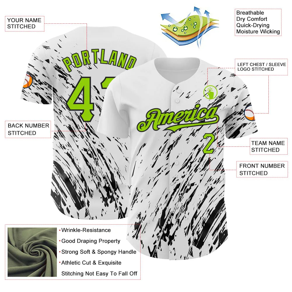 Custom White Neon Green-Black 3D Pattern Design Abstract Splash Authentic Baseball Jersey
