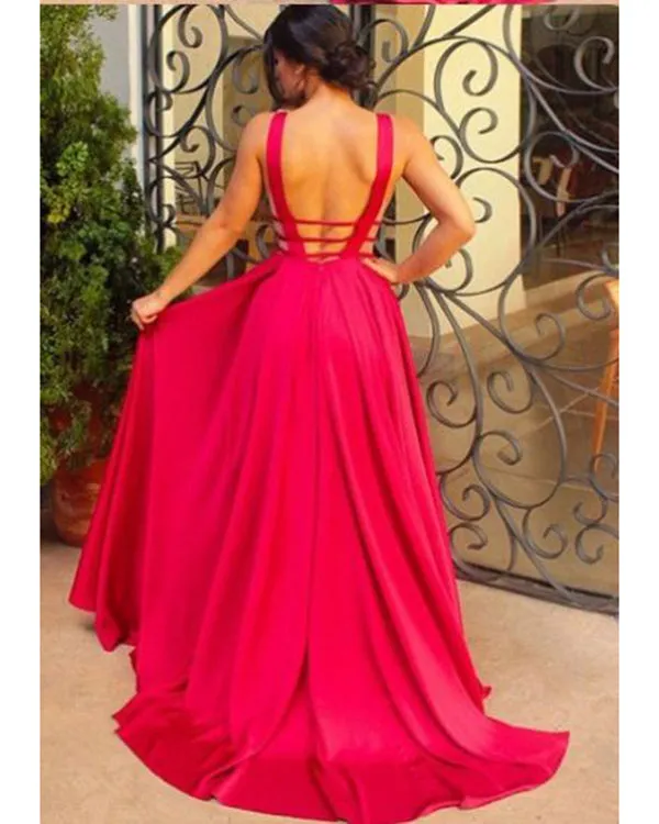 Dark Red Chiffon Prom Dresses 2018 V-Neck Ruffles Long Prom Gowns Backless Fashion