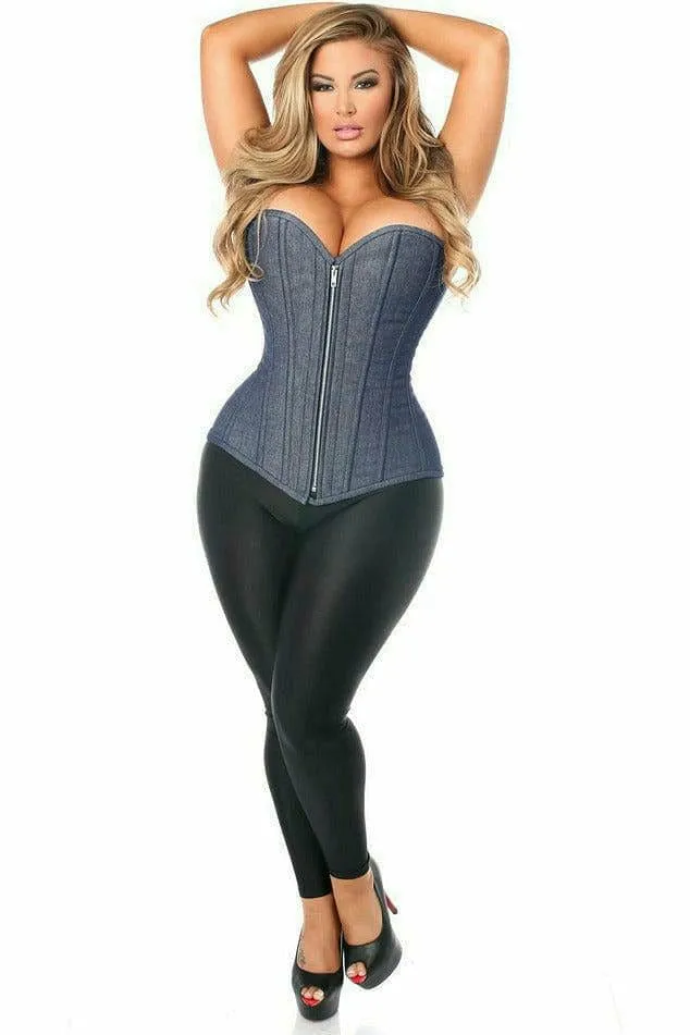 Deluxe Denim Blue Steel Boned Overbust Corset with Zipper