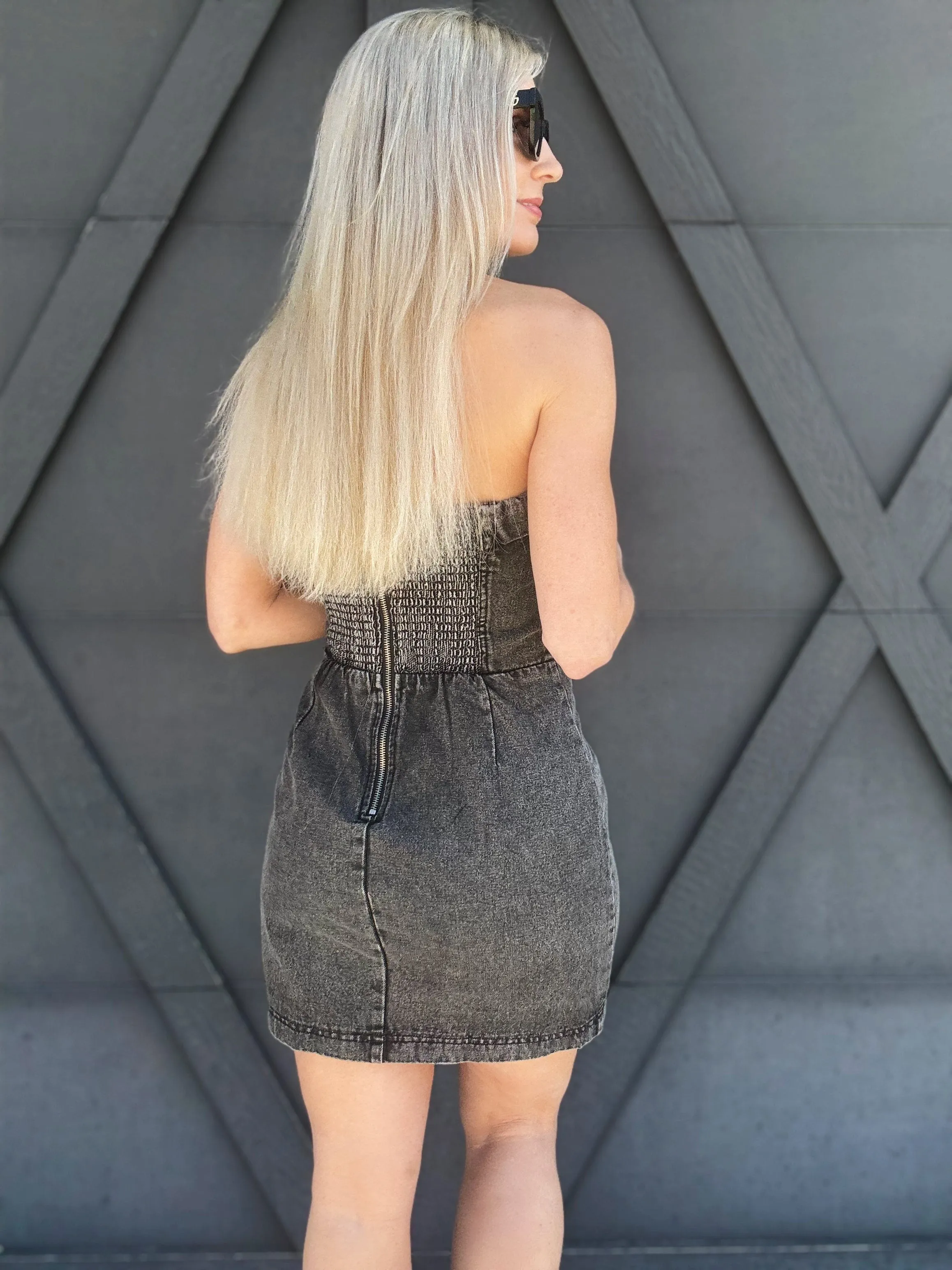 Denim Strapless Mini Dress In Black