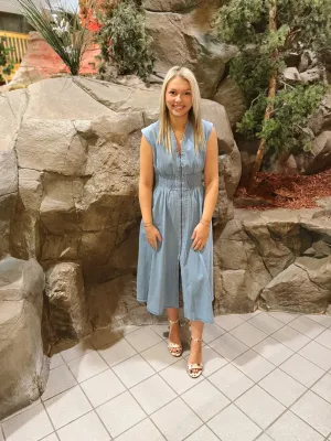 Denim V Neck Zip Up Dress