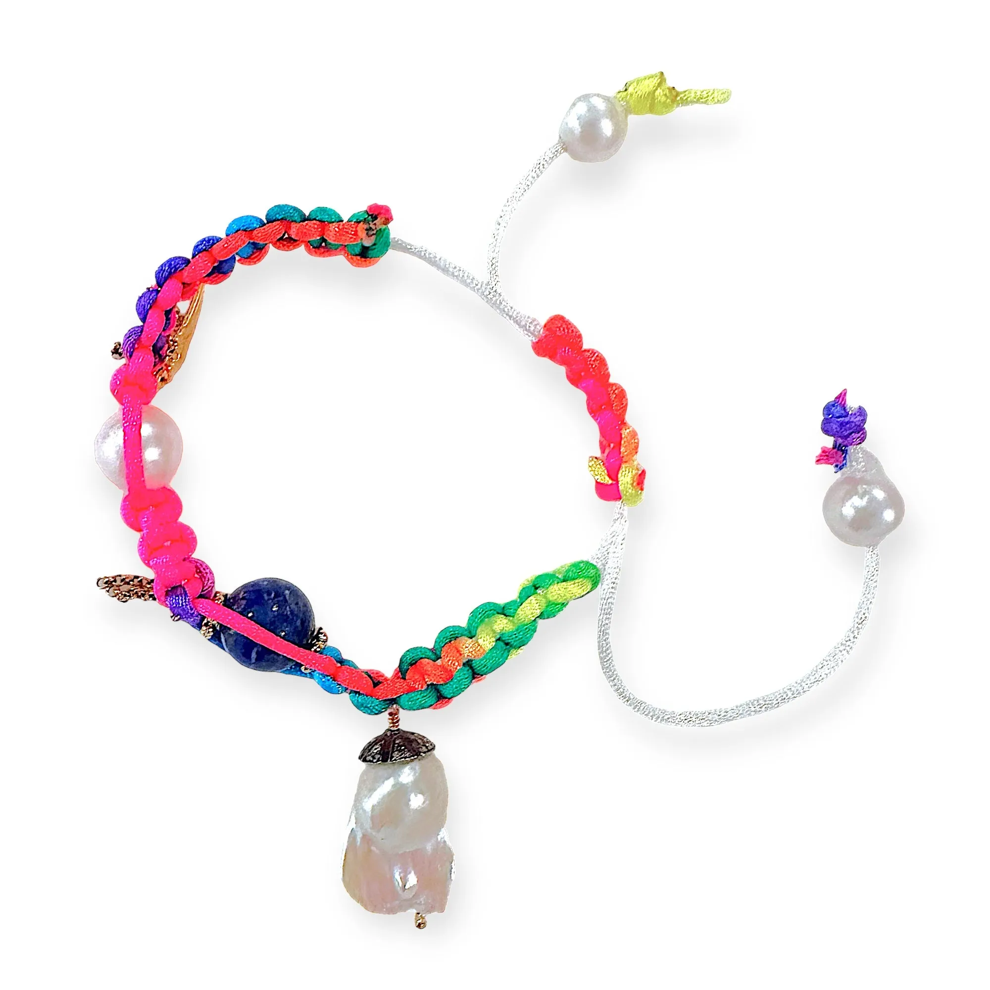 Diamond Baroque Pearl Gold Charm and Chain Silk Rockstar Anklet