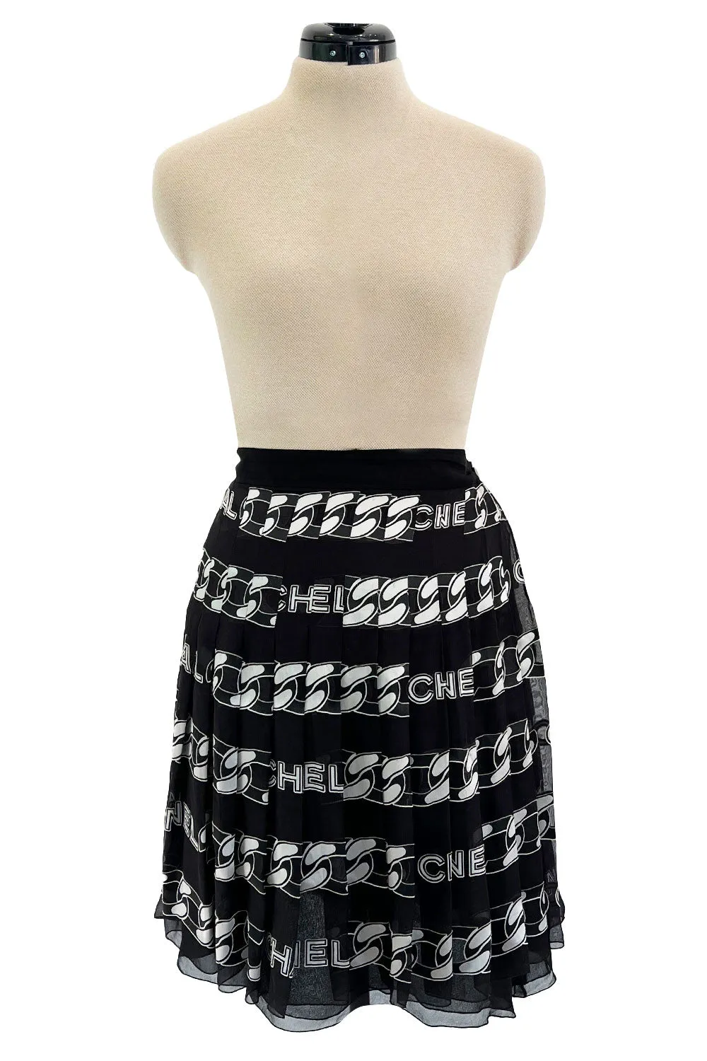 Documented Fall 2001 Chanel by Karl Lagerfeld Runway Black & White Silk Logo Skirt