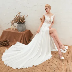 Elegant Lace and Chiffon Wedding Dress Side Slit Beach Style Bridal Women A Line Long Wedding Gown