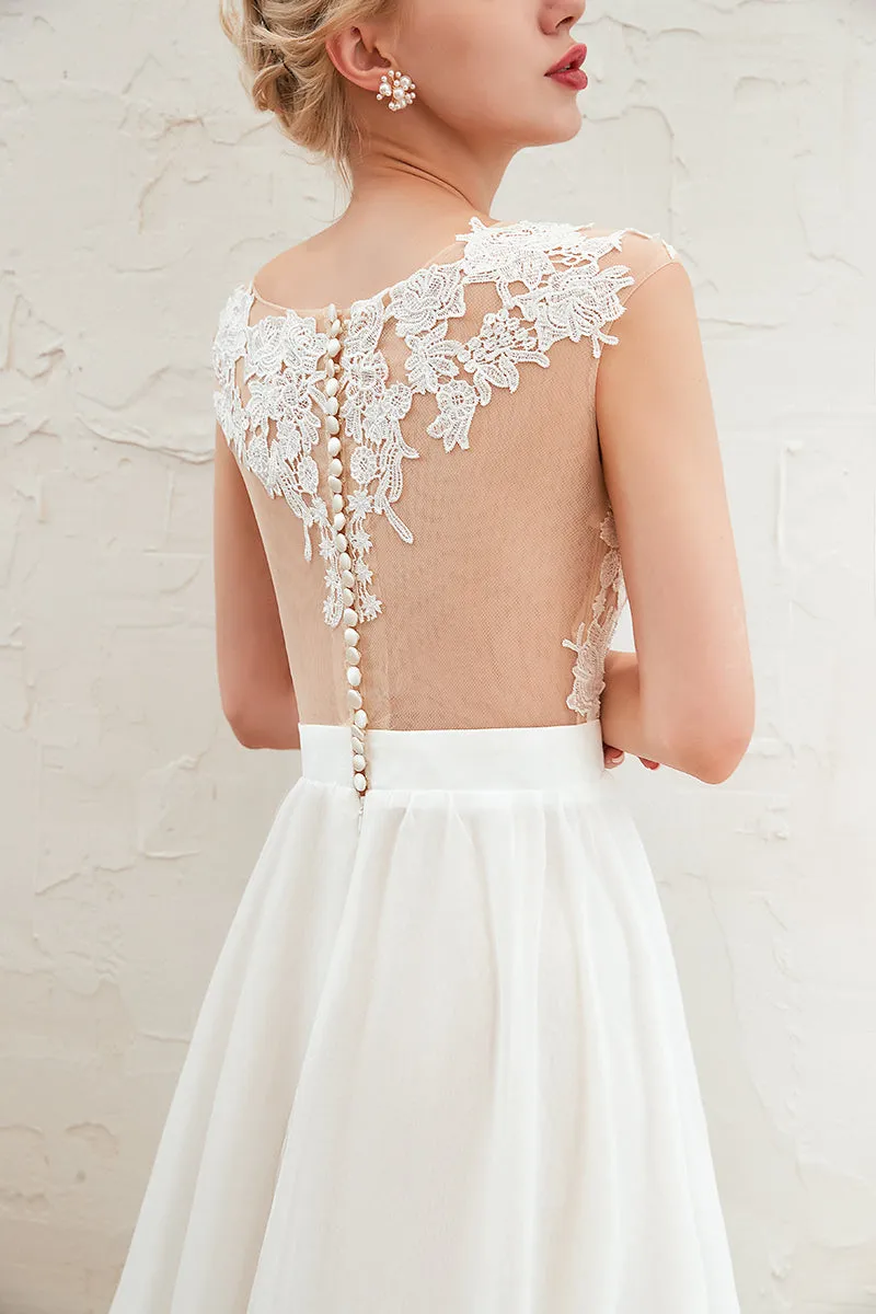 Elegant Lace and Chiffon Wedding Dress Side Slit Beach Style Bridal Women A Line Long Wedding Gown
