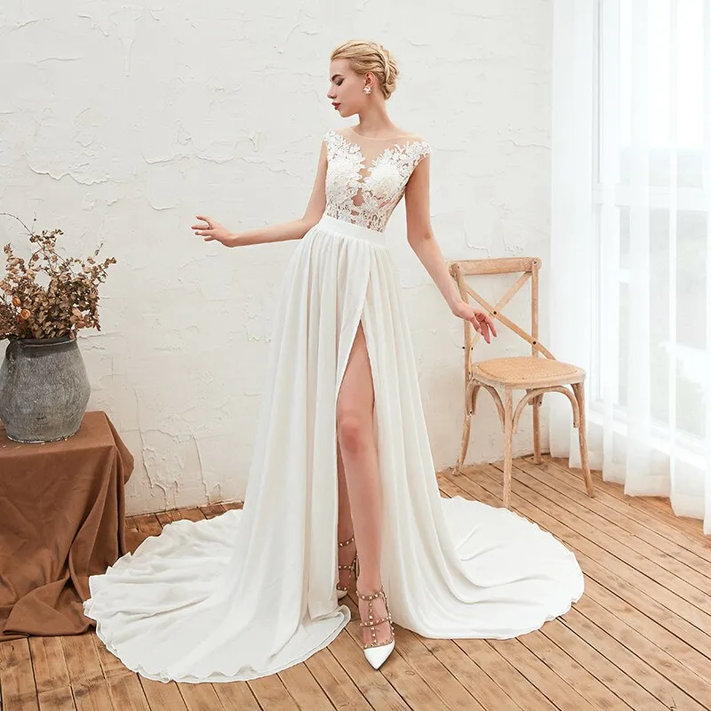 Elegant Lace and Chiffon Wedding Dress Side Slit Beach Style Bridal Women A Line Long Wedding Gown