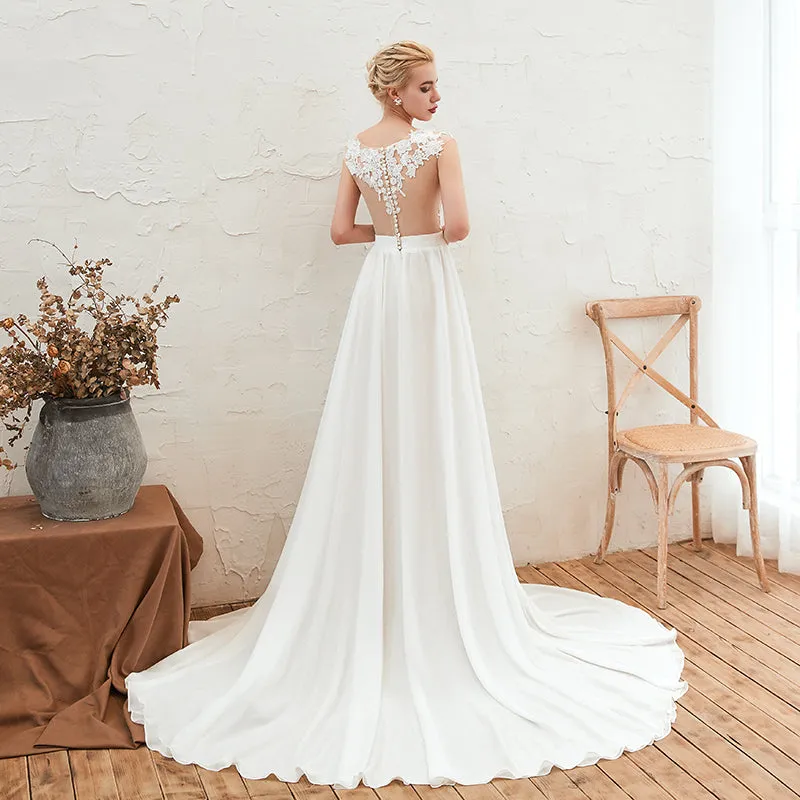 Elegant Lace and Chiffon Wedding Dress Side Slit Beach Style Bridal Women A Line Long Wedding Gown