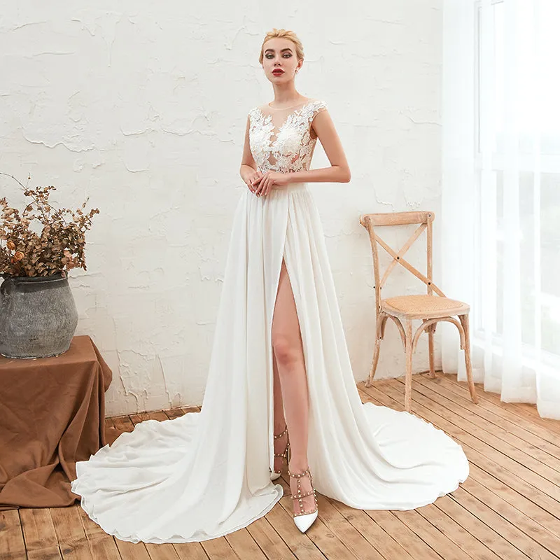 Elegant Lace and Chiffon Wedding Dress Side Slit Beach Style Bridal Women A Line Long Wedding Gown
