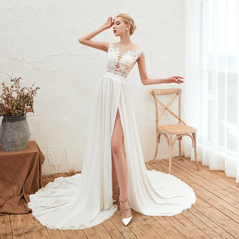 Elegant Lace and Chiffon Wedding Dress Side Slit Beach Style Bridal Women A Line Long Wedding Gown