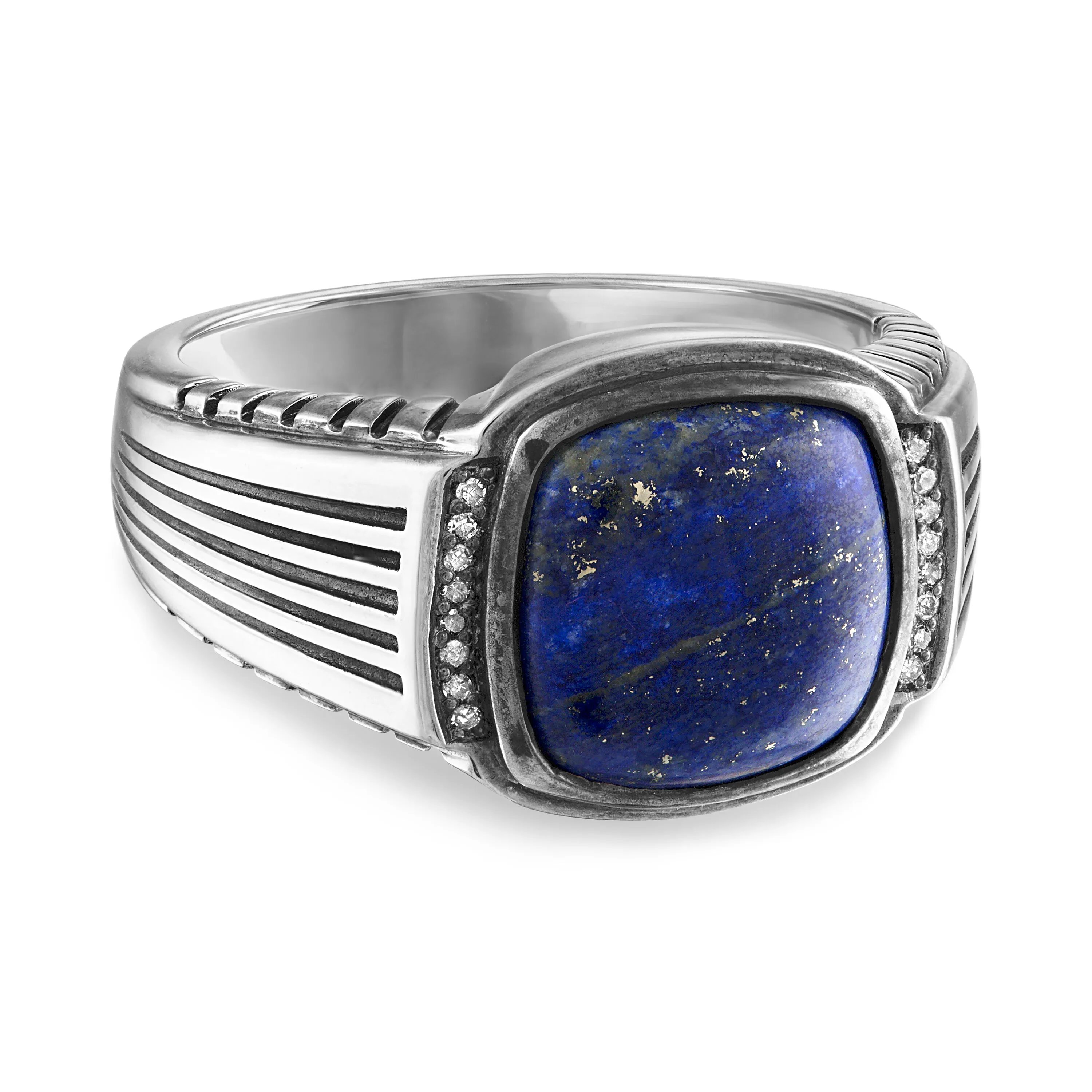 Esquire Blue Lapis Ring with Cushion Cut and Diamond Accents, Set in Sterling Silver, 8-11.50