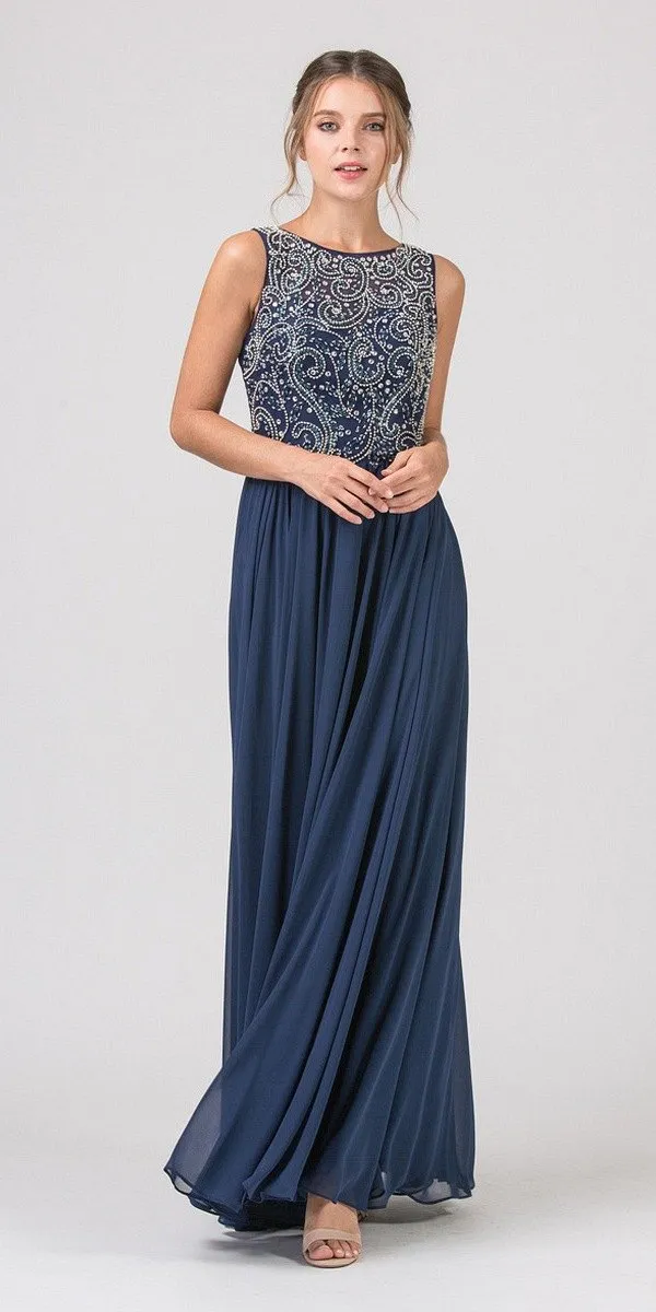 Eureka 4611 Beaded Floor Length Chiffon Dress Cut-Out Back