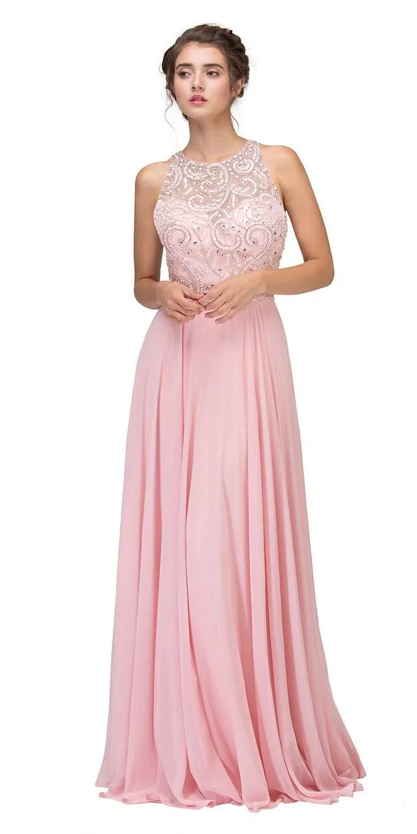 Eureka 4611 Beaded Floor Length Chiffon Dress Cut-Out Back