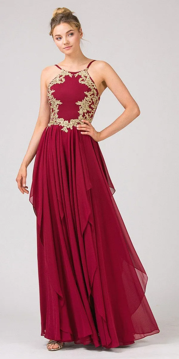 Eureka 6036 A-line Tiered Long Dress Appliqued Bodice