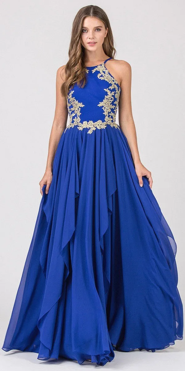 Eureka 6036 A-line Tiered Long Dress Appliqued Bodice
