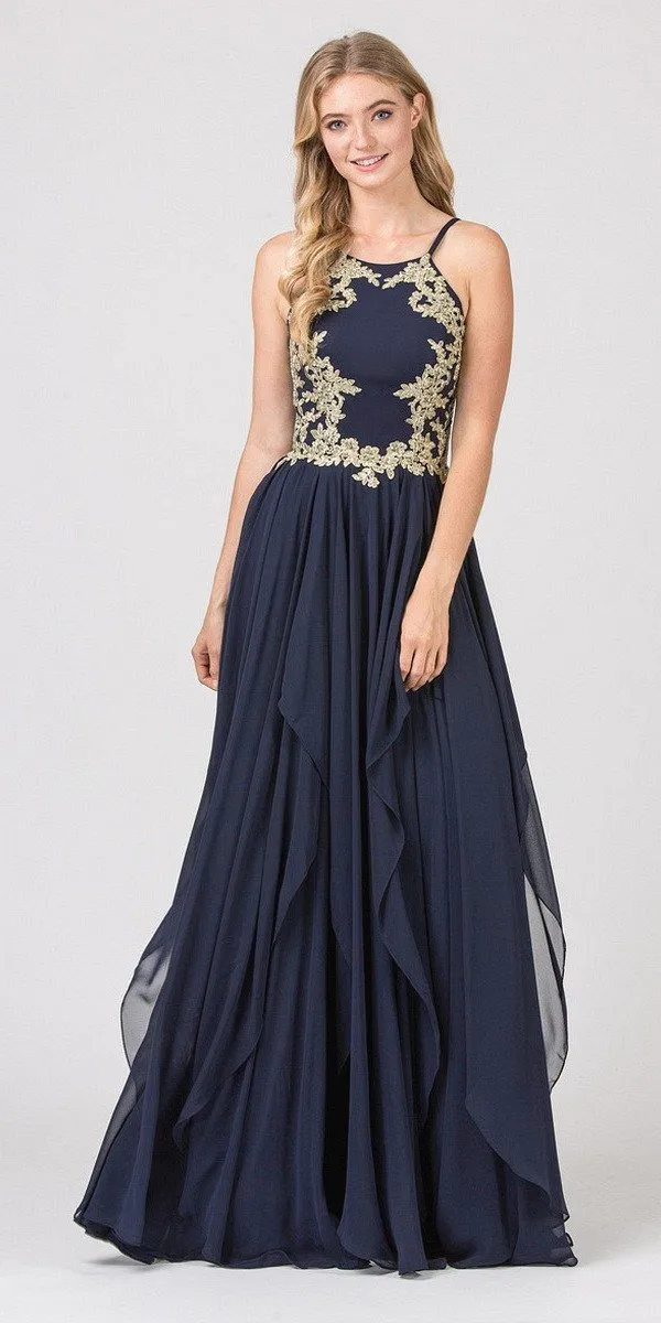 Eureka 6036 A-line Tiered Long Dress Appliqued Bodice