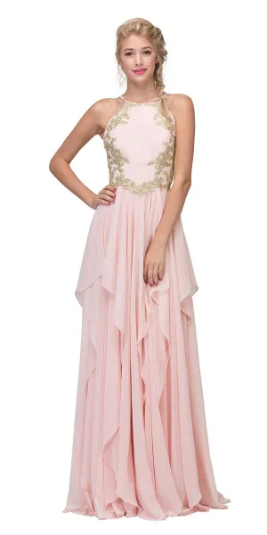 Eureka 6036 A-line Tiered Long Dress Appliqued Bodice