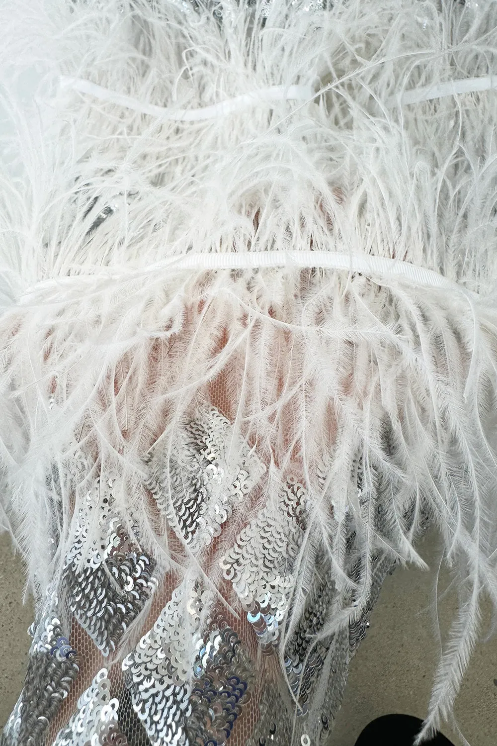Fantastic Fall 2019 Huishan Zhang Silver Sequin on White Net & Organza Dress w Feather Detailing