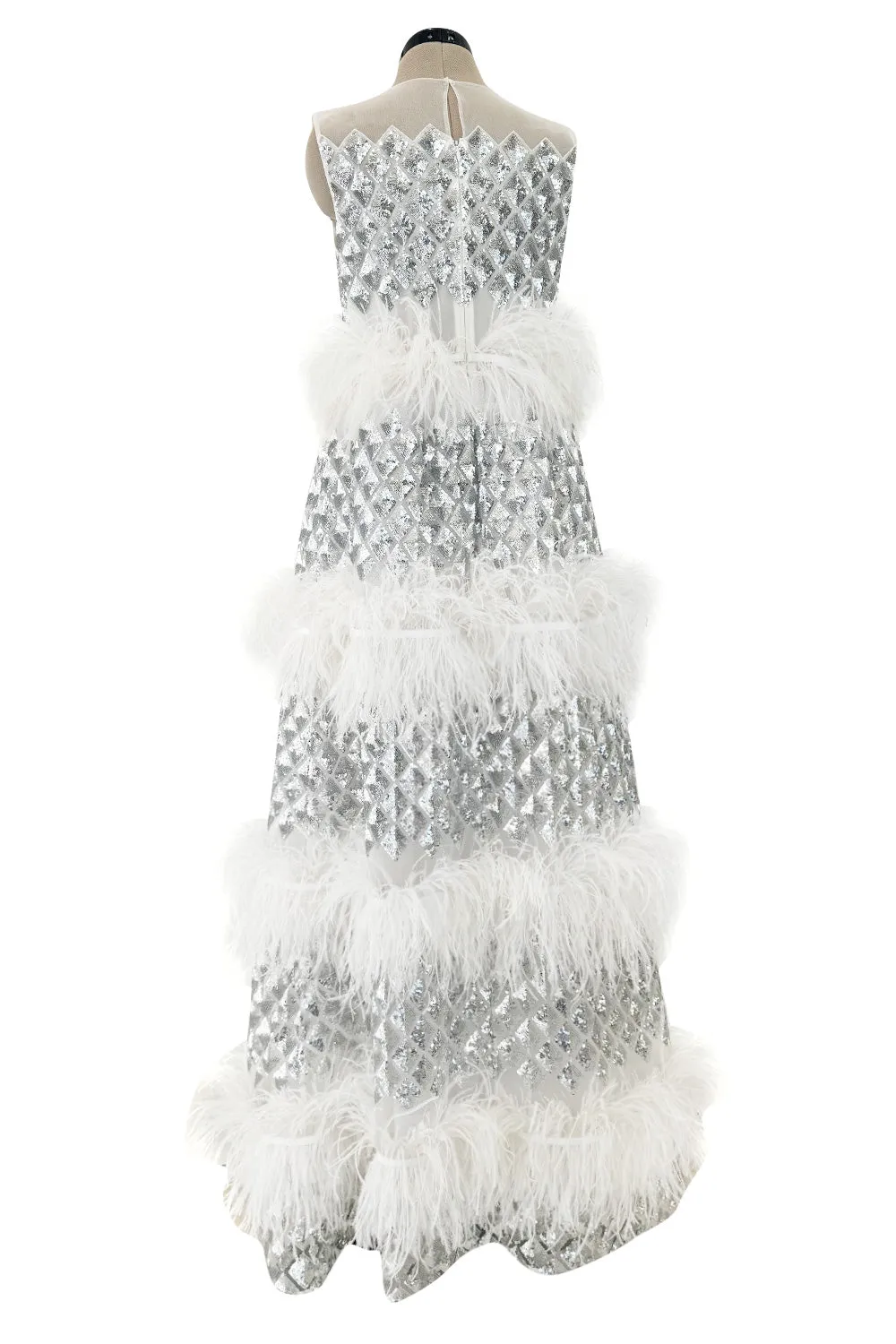 Fantastic Fall 2019 Huishan Zhang Silver Sequin on White Net & Organza Dress w Feather Detailing