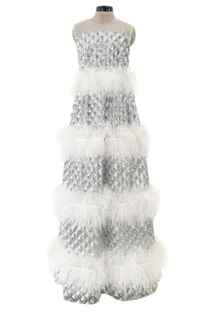 Fantastic Fall 2019 Huishan Zhang Silver Sequin on White Net & Organza Dress w Feather Detailing