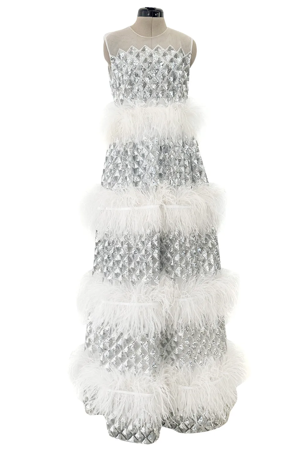 Fantastic Fall 2019 Huishan Zhang Silver Sequin on White Net & Organza Dress w Feather Detailing