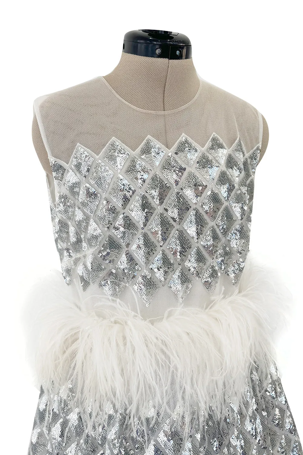 Fantastic Fall 2019 Huishan Zhang Silver Sequin on White Net & Organza Dress w Feather Detailing