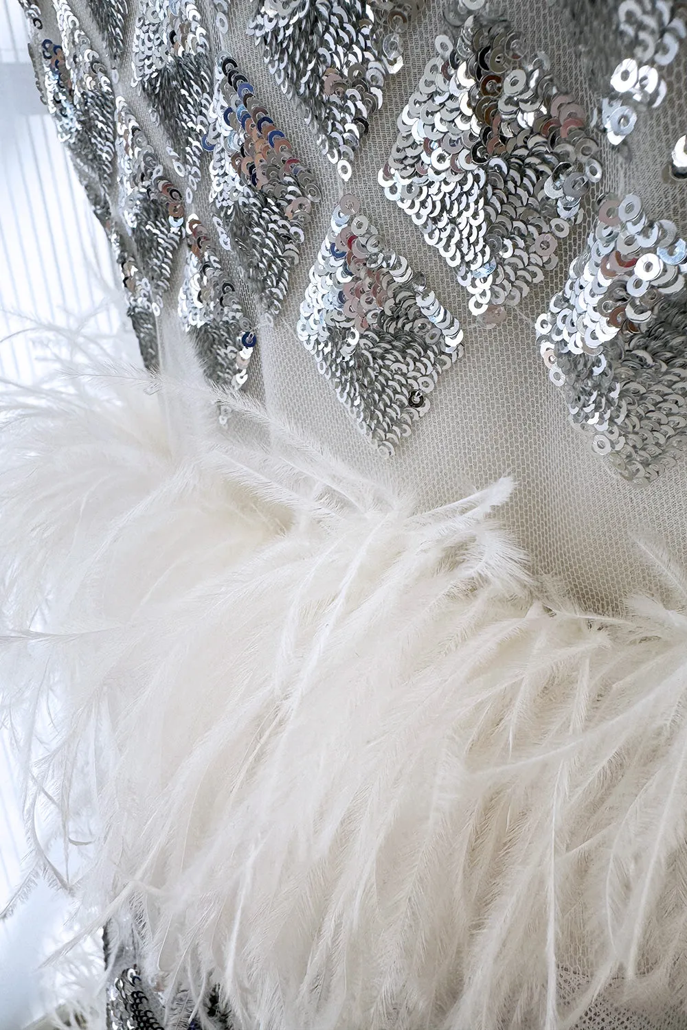 Fantastic Fall 2019 Huishan Zhang Silver Sequin on White Net & Organza Dress w Feather Detailing