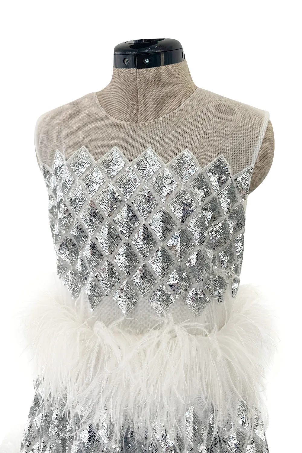 Fantastic Fall 2019 Huishan Zhang Silver Sequin on White Net & Organza Dress w Feather Detailing