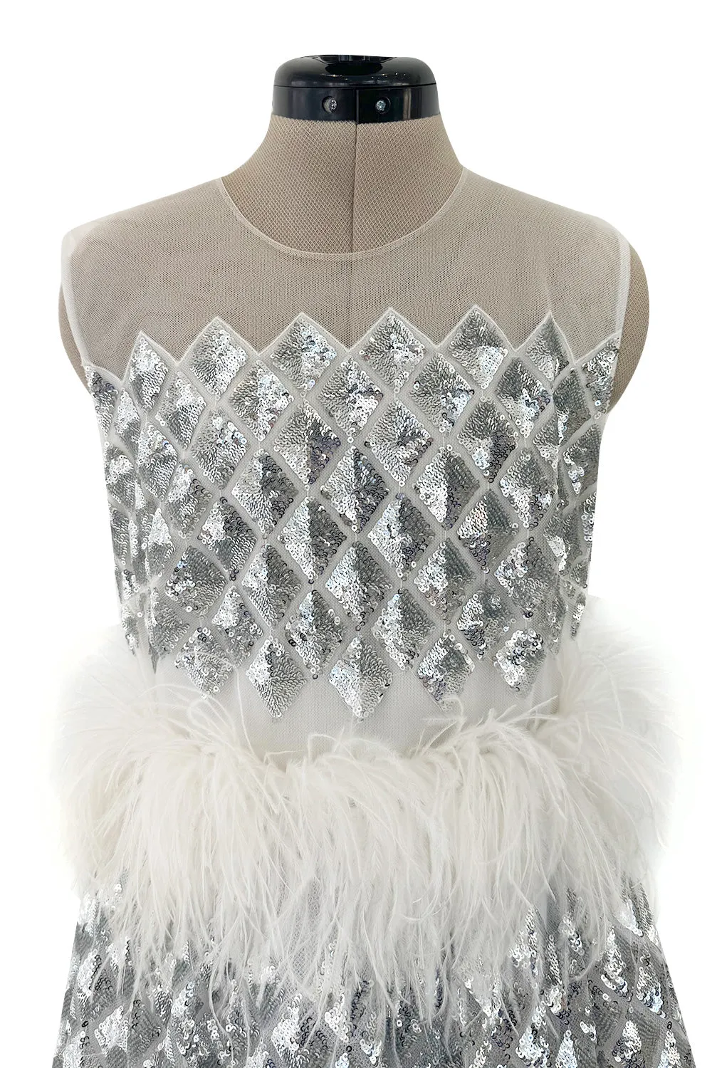 Fantastic Fall 2019 Huishan Zhang Silver Sequin on White Net & Organza Dress w Feather Detailing
