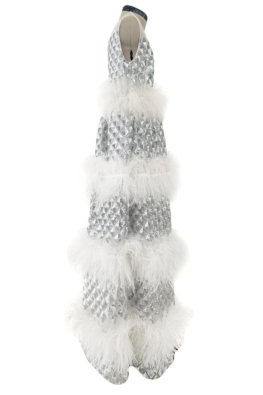 Fantastic Fall 2019 Huishan Zhang Silver Sequin on White Net & Organza Dress w Feather Detailing