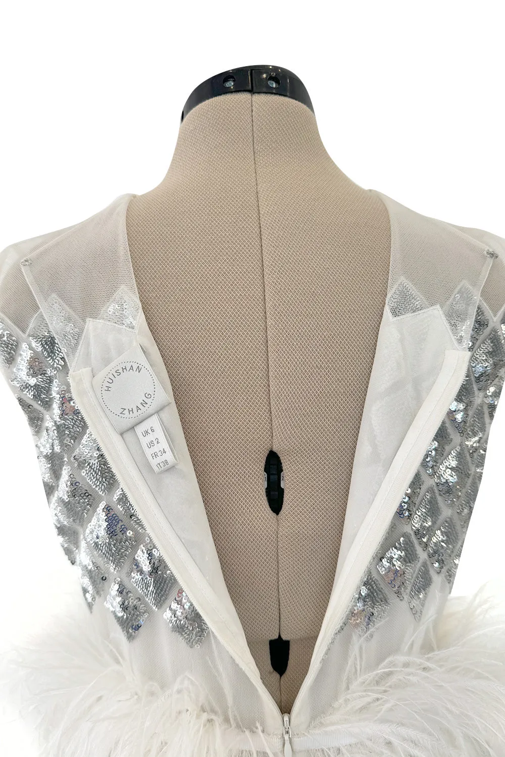 Fantastic Fall 2019 Huishan Zhang Silver Sequin on White Net & Organza Dress w Feather Detailing