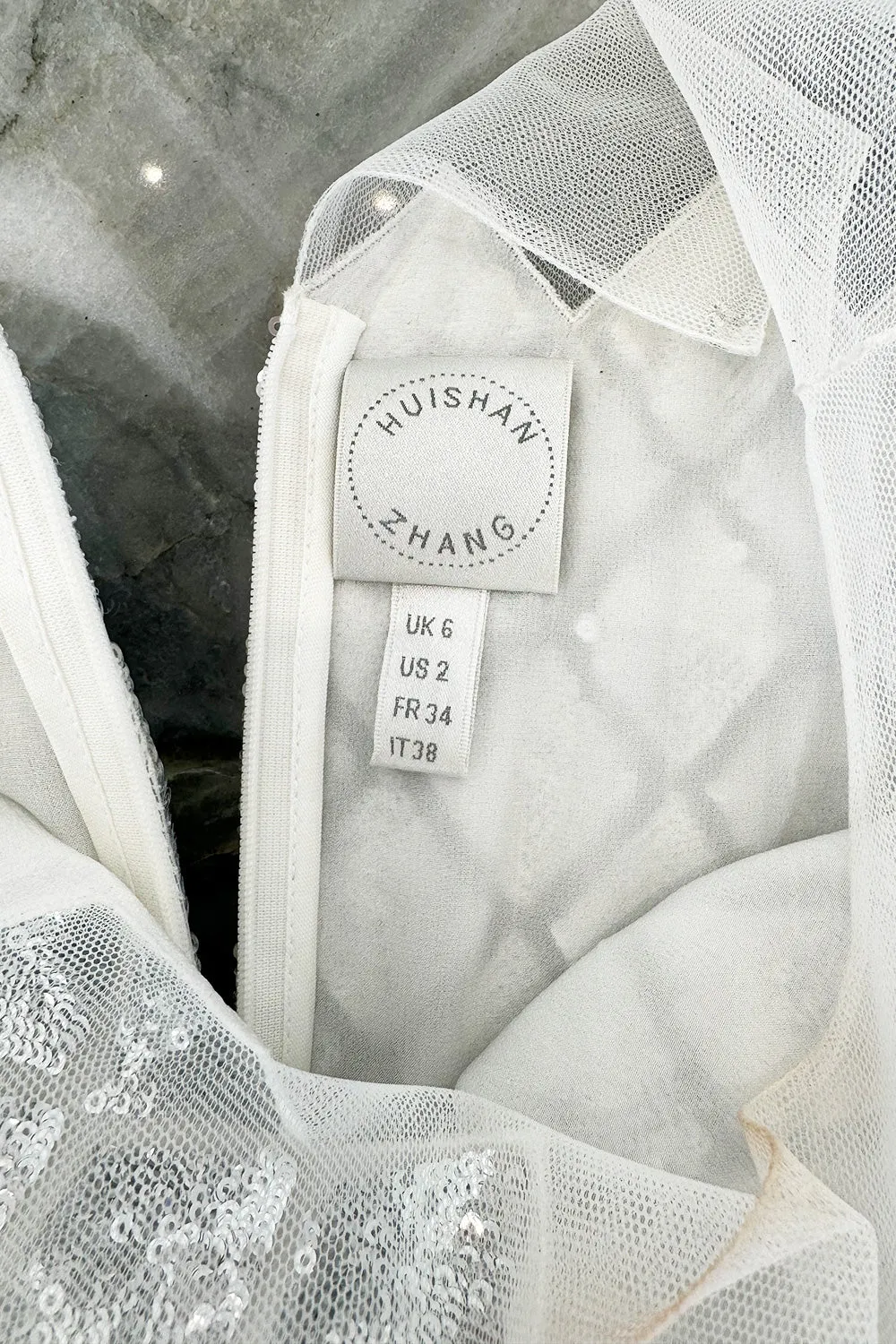 Fantastic Fall 2019 Huishan Zhang Silver Sequin on White Net & Organza Dress w Feather Detailing